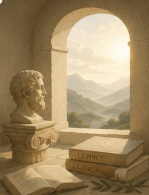 Marble bust of a philosopher beside an archway overlooking mountains, with antique books and an olive branch